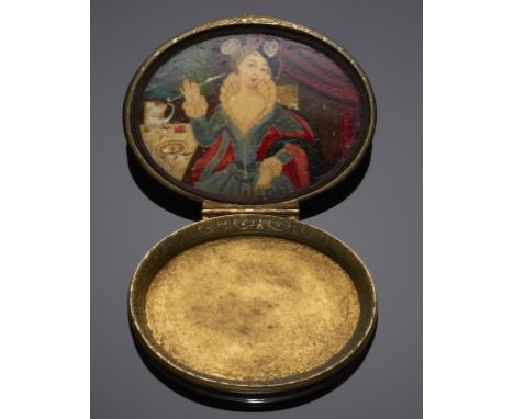 AN OVAL TORTOISESHELL SNUFF BOX CONTAINING A MINIATURE, 18TH C AND LATER the miniature to the underside of the lid of a lady 
