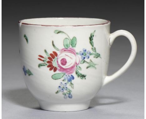 A BRISTOL COFFEE CUP, C1775-80 enamelled with stylised flowers, 6cm h, blue enamel X and workman's number 20++Small flat glan