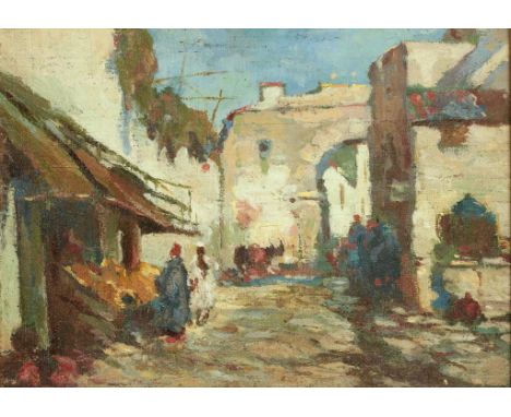 R PENNYWELL ROBINSON (FL EARLY 20TH CENTURY) A MOORISH BAZAAR with inscription on a label verso, oil on panel, 19 x 26cm  ++S