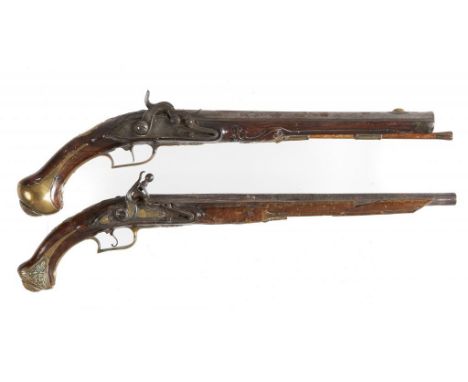 AN ITALIAN 15 BORE PERCUSSION PISTOL, C1770  the rifled 32.5cm moulded barrel with brass sight, plain lock and horn tipped, c