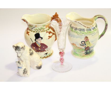 Two Crown Devon verse jugs, dog and cat ornament and engraved goblet (4)