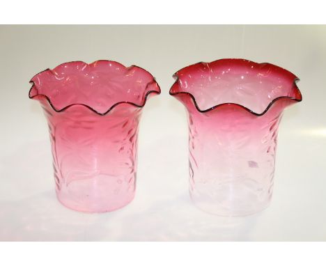 Pair ruby tinted oil lamp shades