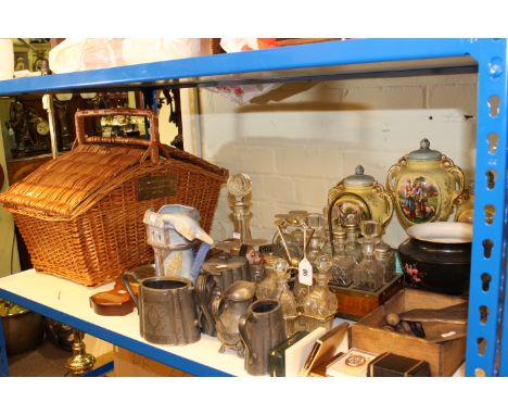 Wicker picnic set, garniture of vases, barometer, silver plated ware, skittles, etc