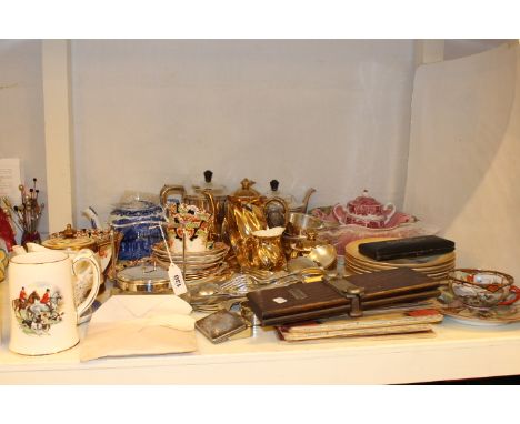 Silver plate tea set, cutlery, Ordnance Survey maps, china, etc