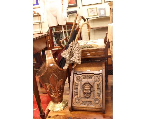 Carved oak coal box, piano stool, copper and brass stick stand, three parasols and standard lamp shade (7)