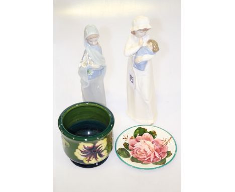 Small Wemyss dish, Moorcroft vase, Lladro and Nadal figures (4)