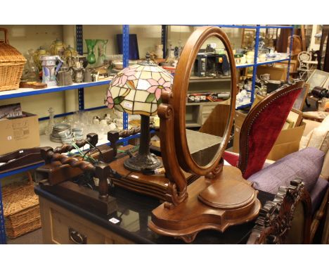 Mahogany framed wall mirror, Victorian mahogany toilet mirror, oak fender, canteen of cutlery, Tiffany style table lamp and t