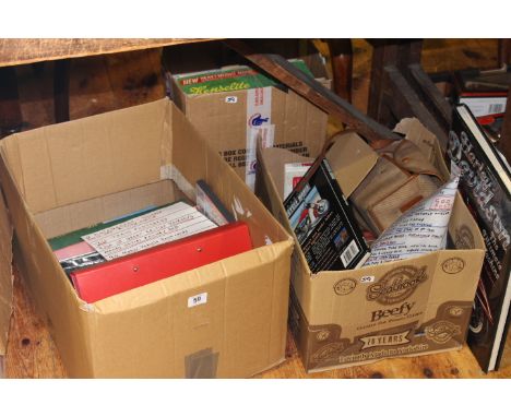 Three boxes with postcards, autographs, fishing and motorcycle books, lawn bowls, Coronet Consul camera, etc
