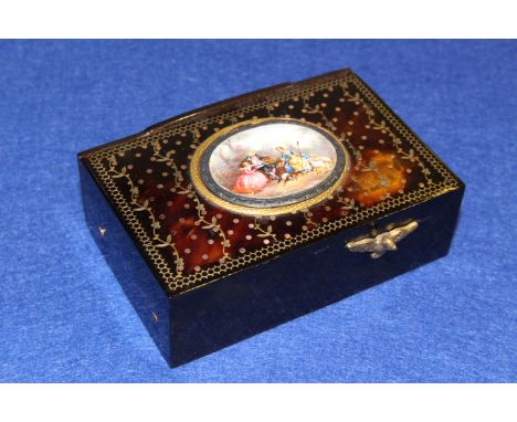 Swiss tortoiseshell singing bird automaton box, 19th Century, decorated with pique work and a hinged oval enamel painted with