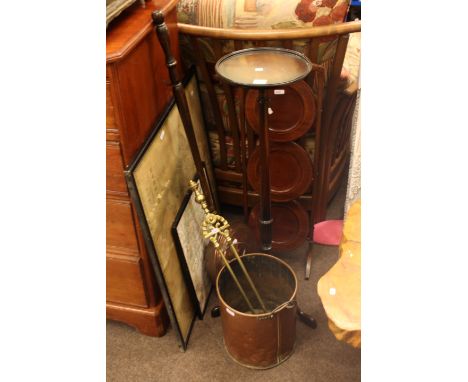 Mahogany tripod plant stand, mahogany three tier folding cakestand, two map prints, copper warming pan, copper coal bucket an