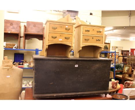Pine trunk, pair small pine cabinets, vintage dressmakers dummy, cornice pole and chiffonier back (6)
