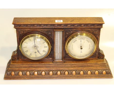 19th Century carved oak clock, barometer and thermometer set