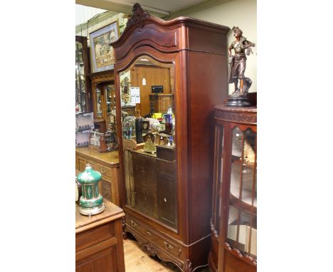 Victorian Continental mahogany arched top mirror door armoire