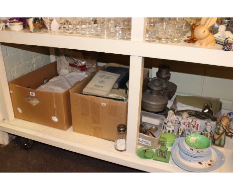 Box of lace and linen, books, lustre light fitting, figures, oil lamps, etc