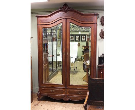 Continental mahogany arched top double mirror door armoire