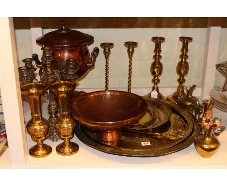 Copper urn and bowl, two pairs of brass candlesticks, trays, candelabra, vases, two Hummel figures etc