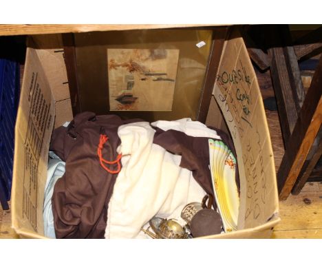 Box with oil lamps, jelly moulds, picture, etc; together with gilt framed convex mirror