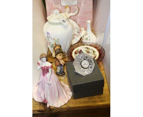 Coalport figures, Royal Doulton figure and vase, Hummel figures, crystal desk clock, etc