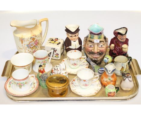 Toby jugs, Devon jug, Doulton cup and saucer and jug, Crown Derby meadow rabbit, Beswick and other birds, etc