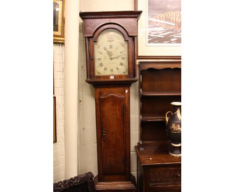Antique oak 30 hour longcase clock having painted arched dial signed Pannell, Northallerton