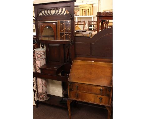 Walnut two drawer cabriole leg bureau and oak mirror back hallstand