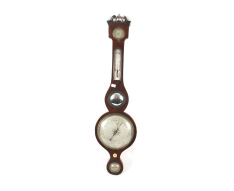 A Victorian inlaid mahogany cased wall barometer. With integral thermometer, small convex mirror and barometer gauge. H97cm