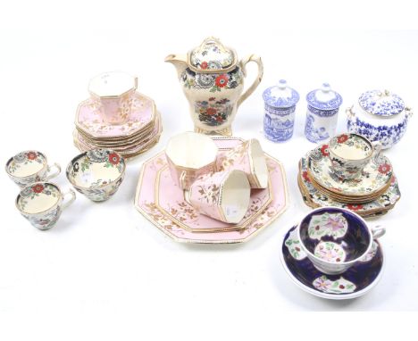 A collection of late 19th century and later tea sets. Including Coalport Canton and a Royal Worcester Blue Ivy sugar bowl and