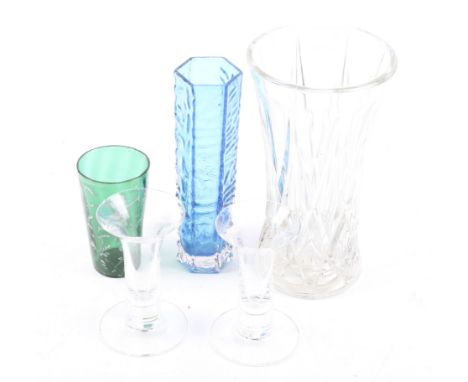 Five pieces of Victorian and later glassware. Including green glass 'Mary Gregory' tumbler with enamelled decoration of cupid