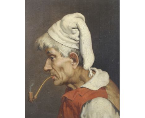 A 19th century oil on board profile portrait. Depicting a morose elderly gentleman smoking a pipe, unsigned, 18cm x 14.5cm, i
