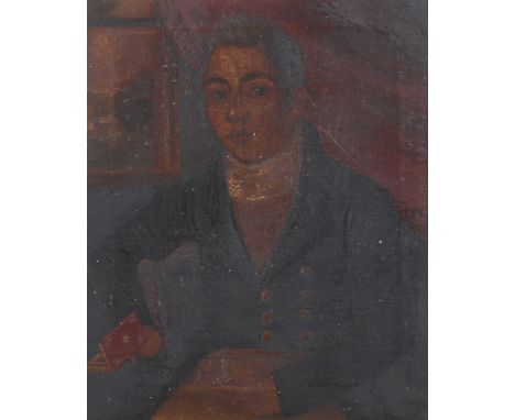 A Georgian portrait, oil on canvas. An unidentified young gentleman author sat at a writing table, holding a gold tooled leat