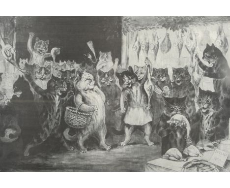 Louis Wain (British, 1860 - 1939) lithographic print 'Christmas Shopping'. Framed and glazed, 70cm x 48cm.