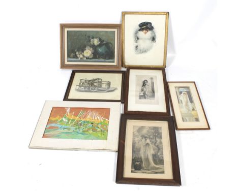 A group of assorted prints. To include: after Arthur Hacker a grey scale print of a Pre-Raphalie scene, Manner of Lord Leight