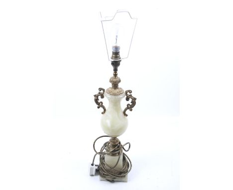 A 20th century marble and gilt lamp base. Modelled as twin handled urn, mounted on a square base, H45cm (excluding fittings)