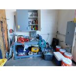 Contents of Maintenance Area including: Bench Grinder, Vice, Misc. Tools, Hardware, Paint, Wall