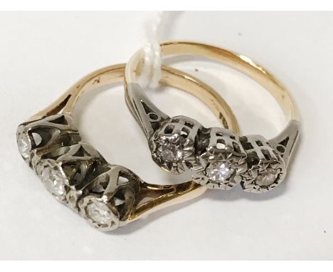 TWO THREE STONE DIAMOND RINGS - 18CT GOLD - SIZE K