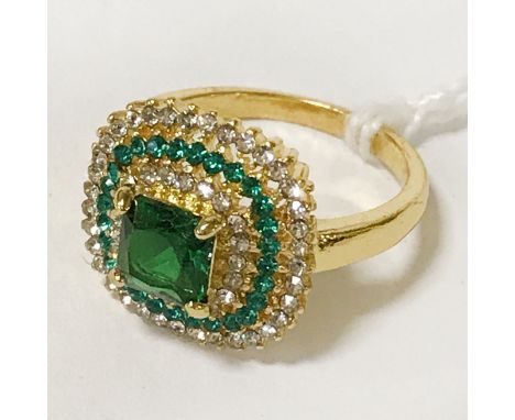 GILT SILVER RING WITH EMERALD &amp; SAPPHIRE - SIZE N