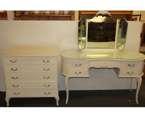 A cream painted vintage dressing table and matching chest.