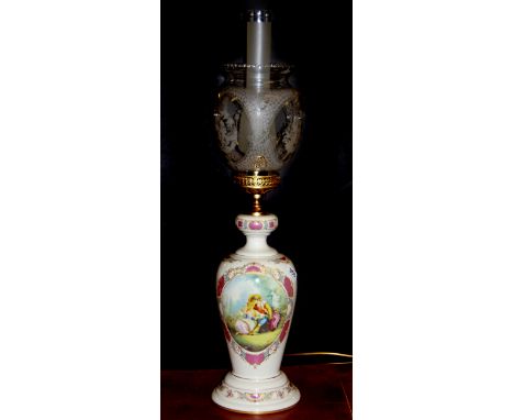 A matching oil lamp style porcelain table lamp, H. 75cm.