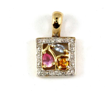 A yellow metal (tested 14ct gold) diamond and coloured topaz set pendant, L. 2cm.