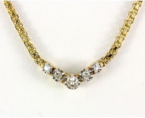 A 14ct yellow gold five graduated diamond set necklace, L. 42cm, W. 9.2g.