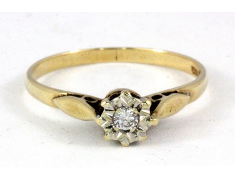 A 9ct yellow gold diamond set solitaire ring, (M).