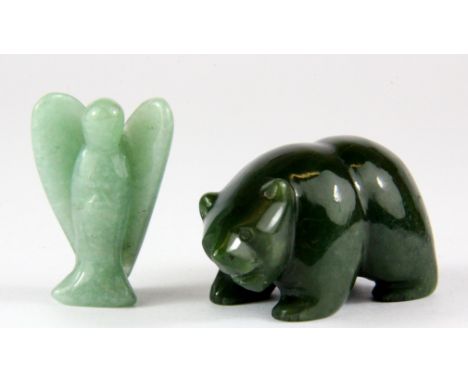 A Greenland nephrite jade bear and angel, angel H. 4cm.