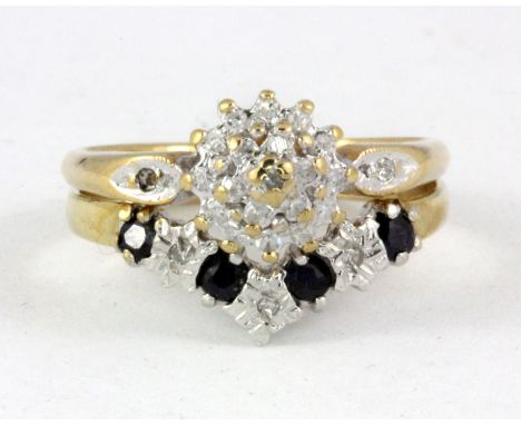 A 9ct yellow gold sapphire and diamond set wishbone ring together with a further 9ct yellow gold diamond set cluster ring, (o