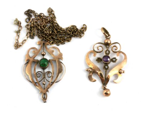 An Edwardian 9ct yellow gold turquoise set pendant and chain (chain a/f) and a further Edwardian 9ct gold amethyst and pearl 