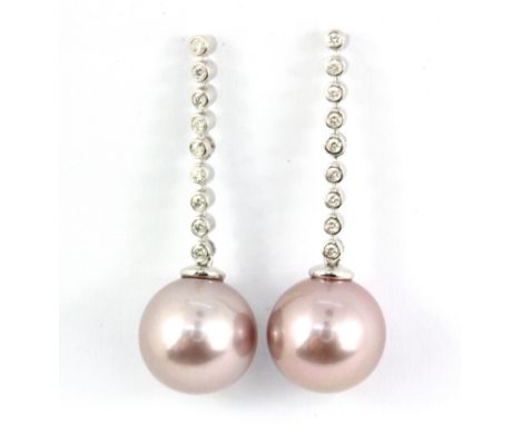 A pair of 18ct white gold diamond and pink pearl set earrings, L. 3.8cm.