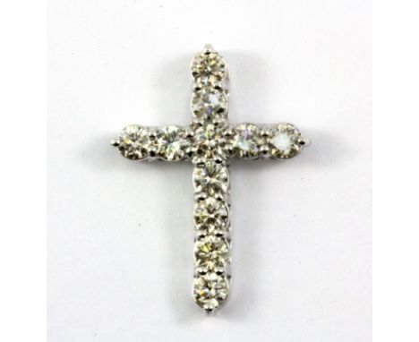 A white metal (tested 18ct gold) diamond set cross pendant, approx. 2.01ct, L. 2.8cm.