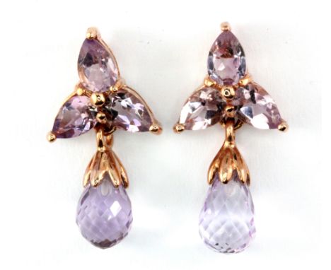 A pair of 925 silver rose gold gilt morganite and briolette cut amethyst set drop earrings, L. 2.5cm.