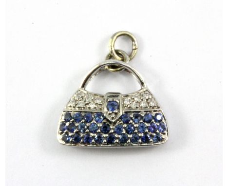 An 18ct white gold sapphire  and diamond handbag shaped pendant, L. 1.9cm.