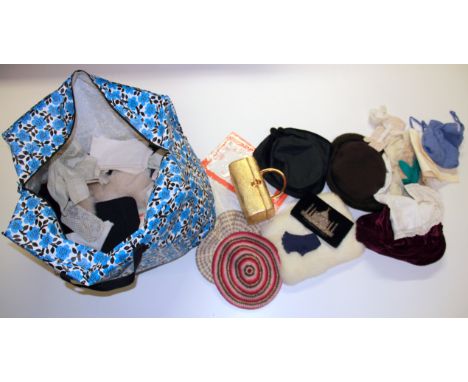 A quantity of vintage hats, costume, linen etc.