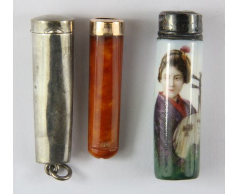 A silver topped porcelain smelling salts bottle featuring a young Japanese woman holding a musical instrument together with a